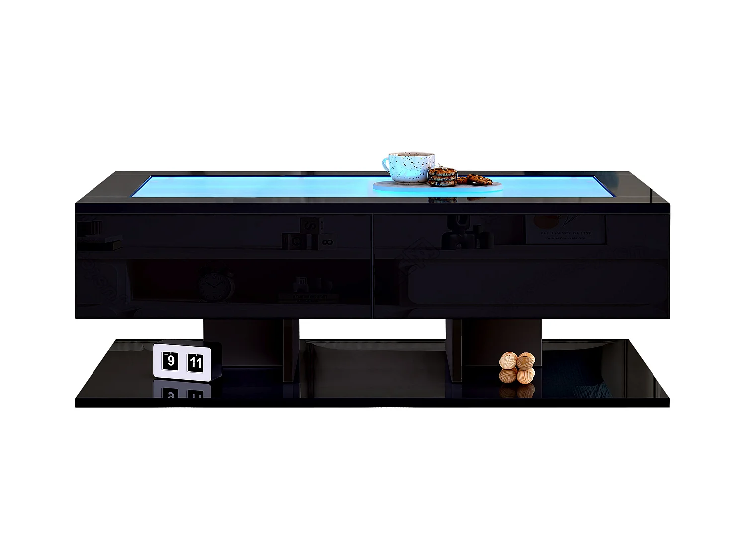 Table basse haute brillance 100x50x35 cm - 2 tiroirs - Avec éclairage LED - Plateau en verre - Panneaux de particules - Noir