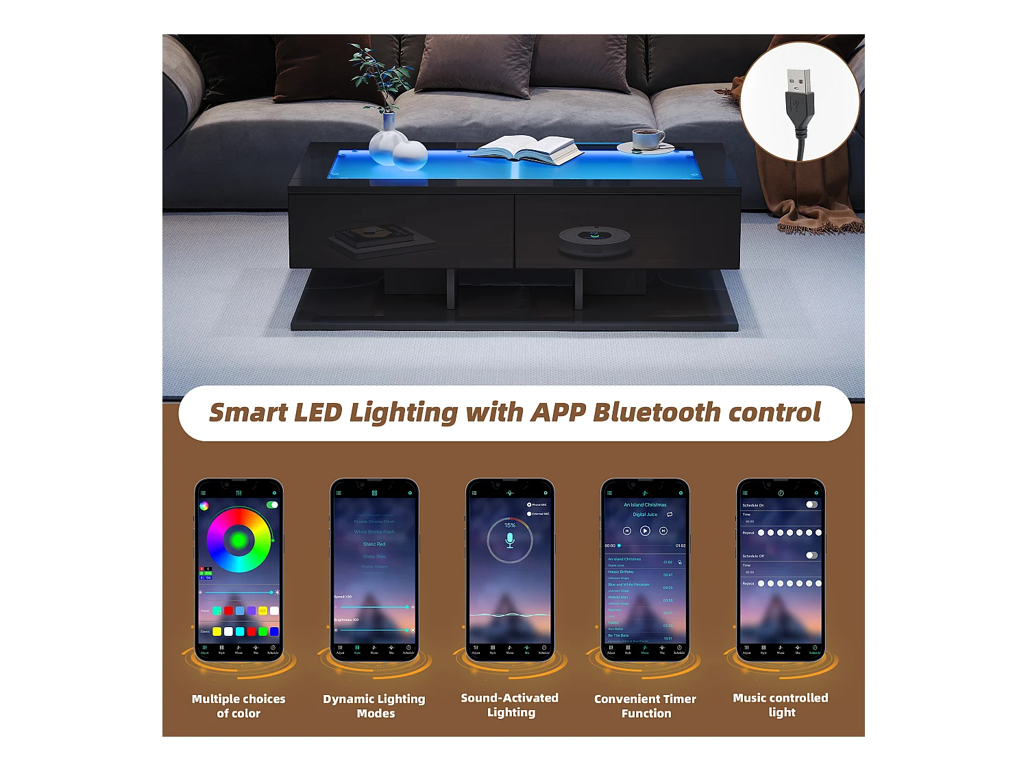 Table basse haute brillance 100x50x35 cm - 2 tiroirs - Avec éclairage LED - Plateau en verre - Panneaux de particules - Noir