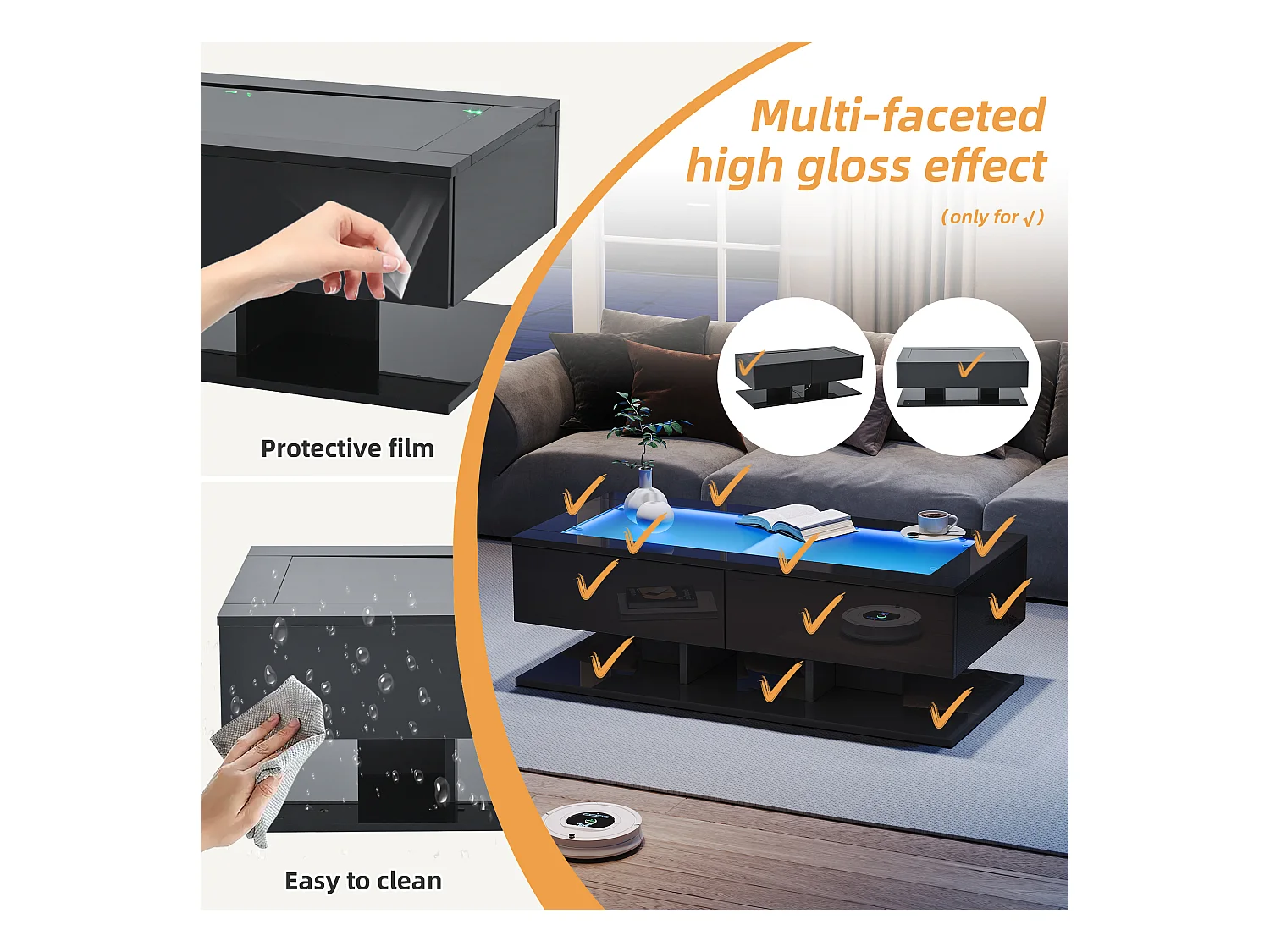 Table basse haute brillance 100x50x35 cm - 2 tiroirs - Avec éclairage LED - Plateau en verre - Panneaux de particules - Noir