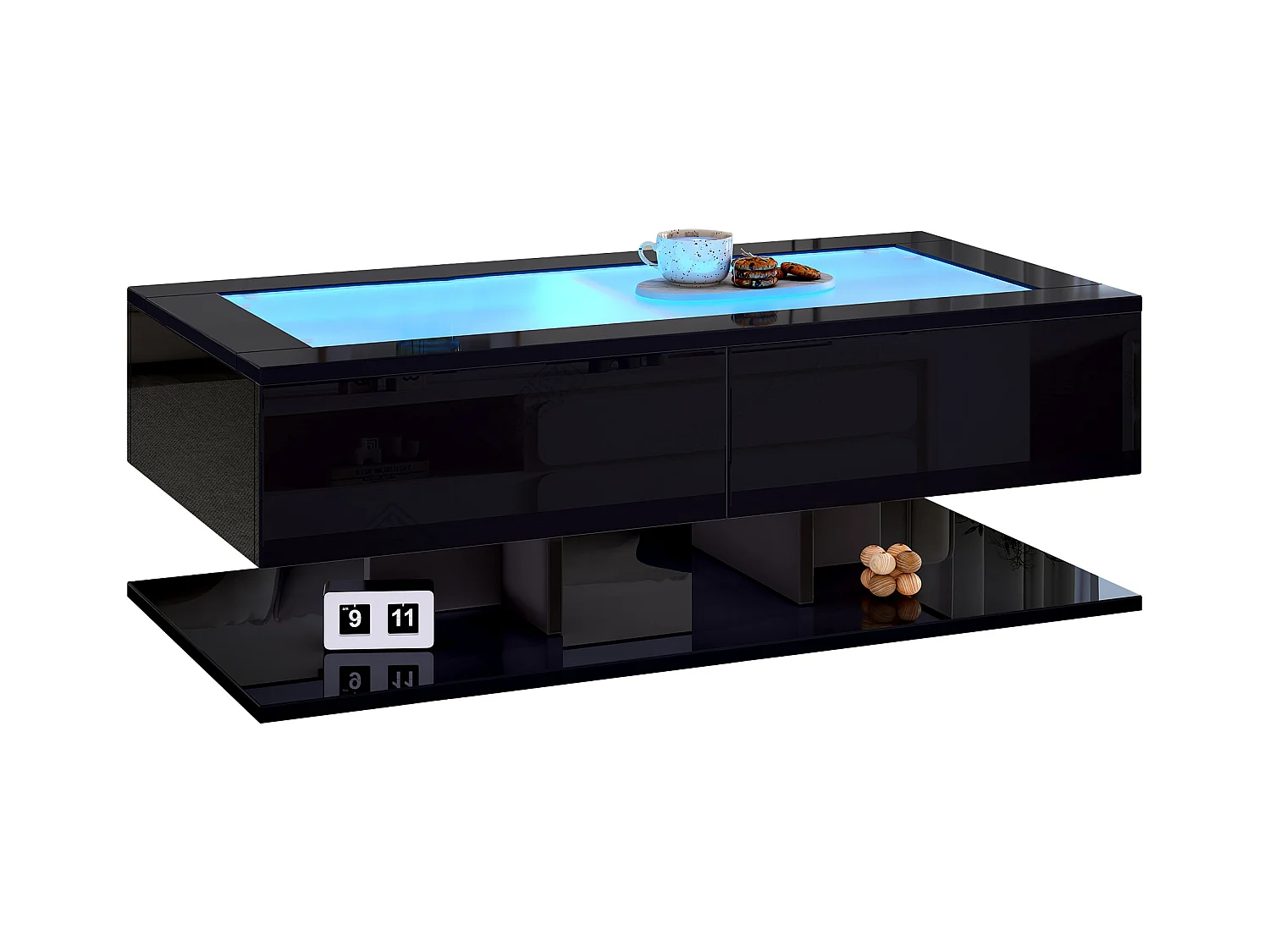 Table basse haute brillance 100x50x35 cm - 2 tiroirs - Avec éclairage LED - Plateau en verre - Panneaux de particules - Noir