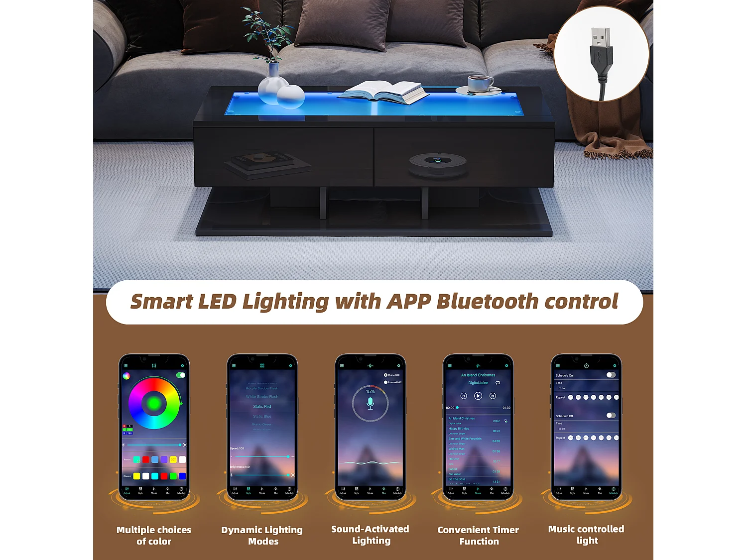 Table basse haute brillance 100x50x35 cm - 2 tiroirs - Avec éclairage LED - Plateau en verre - Panneaux de particules - Noir