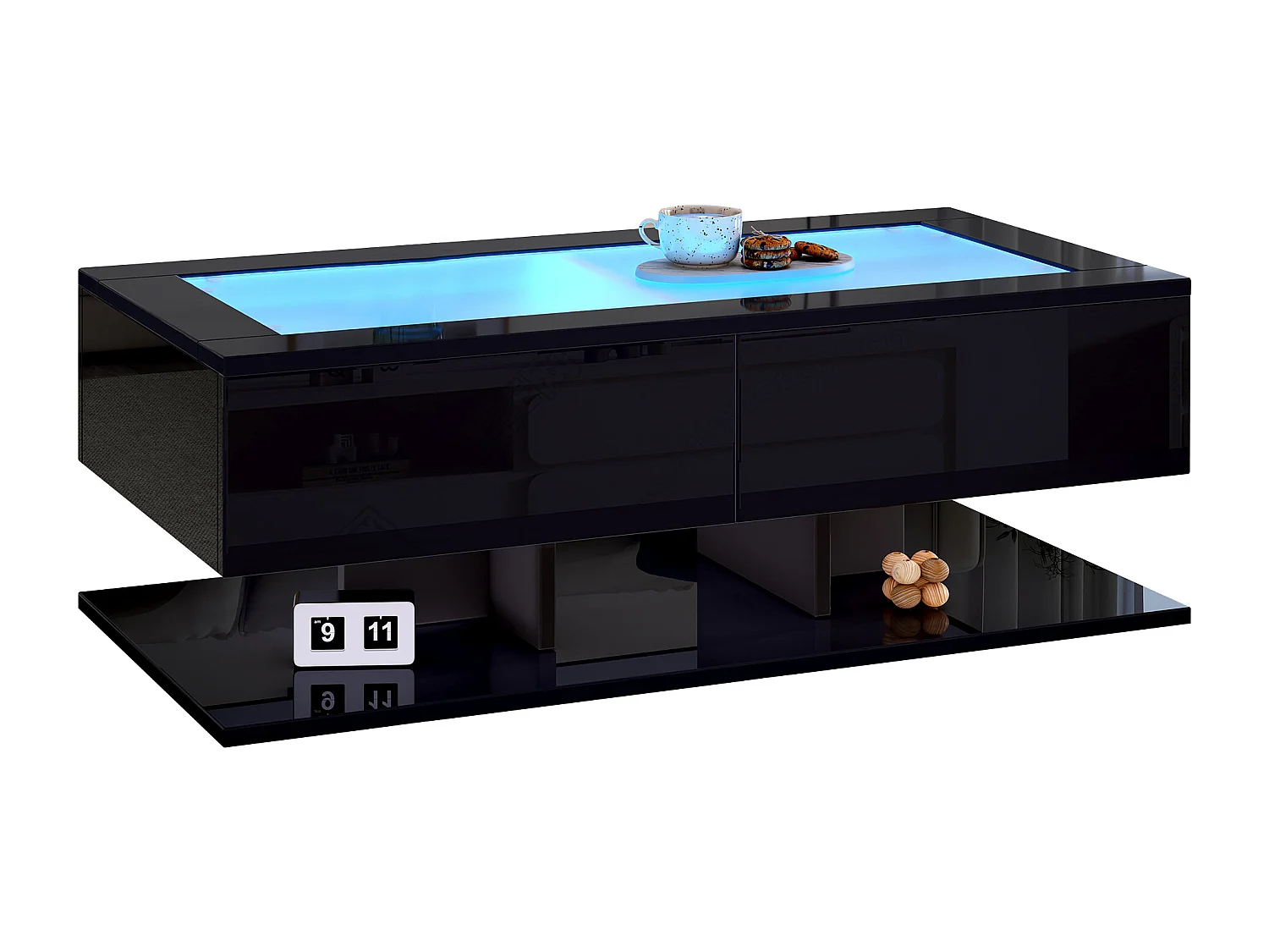 Table basse haute brillance 100x50x35 cm - 2 tiroirs - Avec éclairage LED - Plateau en verre - Panneaux de particules - Noir