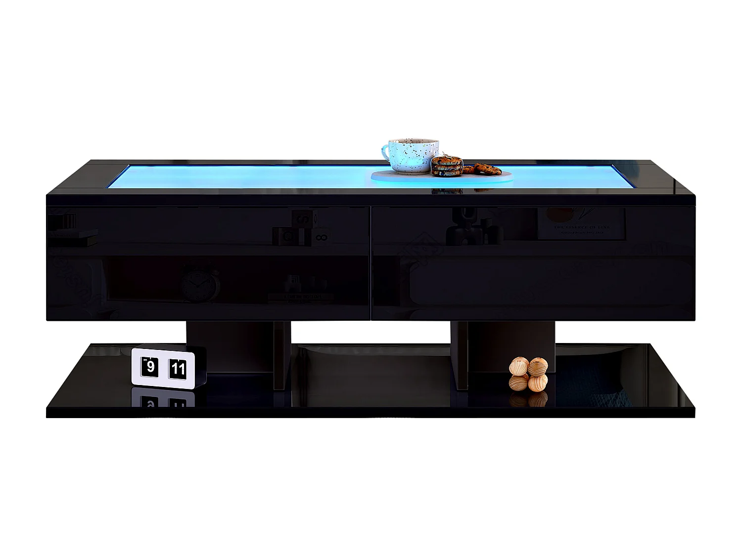 Table basse haute brillance 100x50x35 cm - 2 tiroirs - Avec éclairage LED - Plateau en verre - Panneaux de particules - Noir