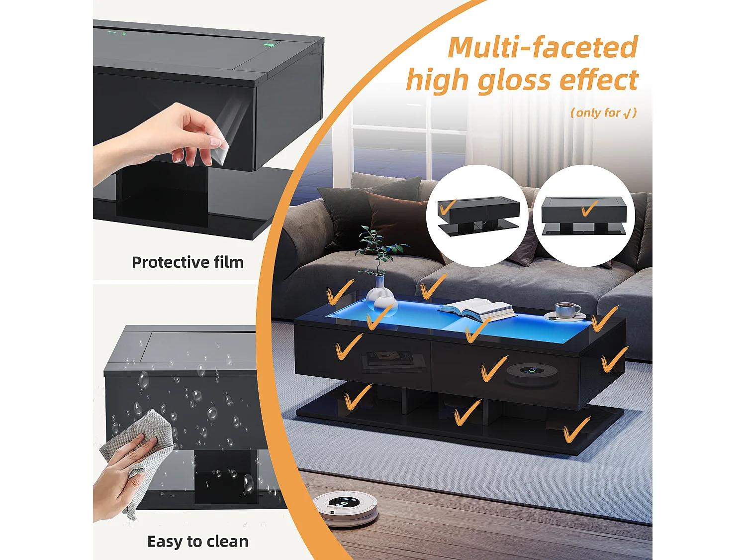 Table basse haute brillance 100x50x35 cm - 2 tiroirs - Avec éclairage LED - Plateau en verre - Panneaux de particules - Noir