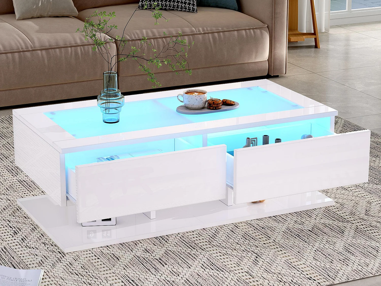 Table basse haute brillance 100x50x35 cm - 2 tiroirs - Avec éclairage LED - Plateau en verre - Panneaux de particules - Blanc