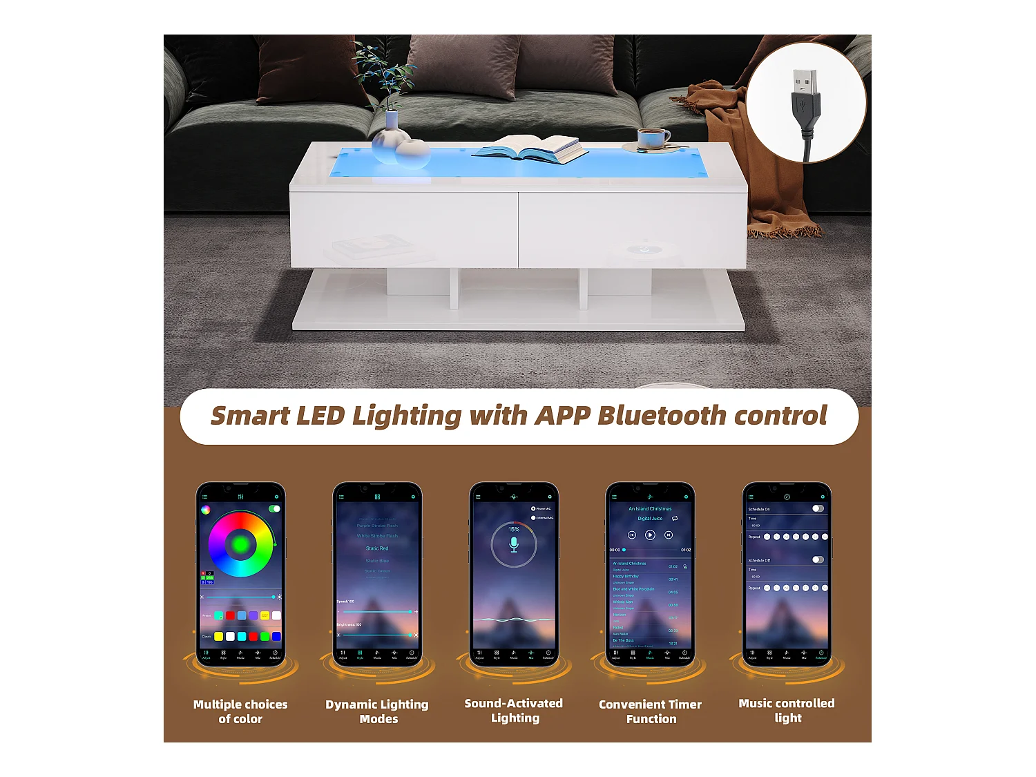 Table basse haute brillance 100x50x35 cm - 2 tiroirs - Avec éclairage LED - Plateau en verre - Panneaux de particules - Blanc