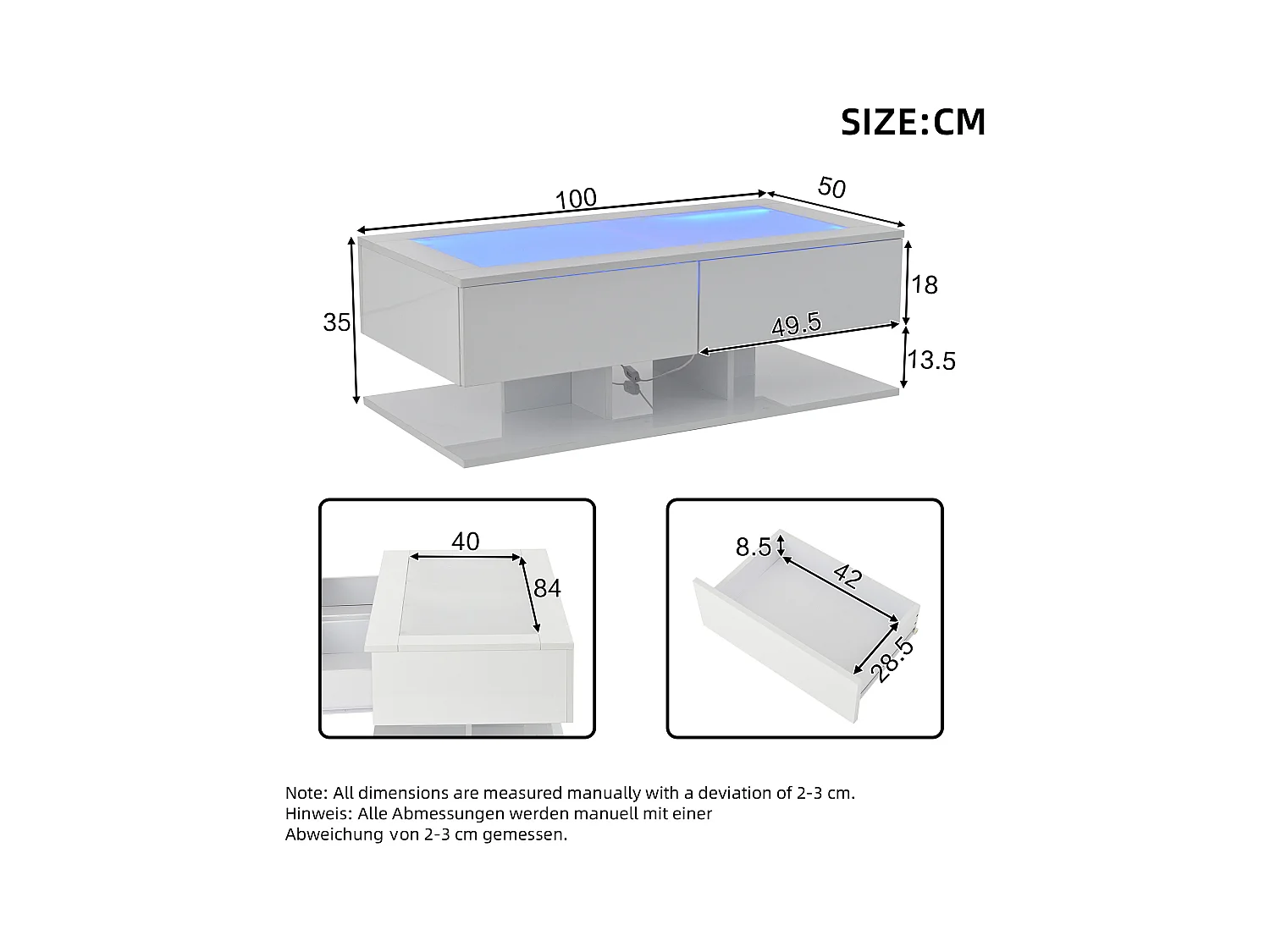 Table basse haute brillance 100x50x35 cm - 2 tiroirs - Avec éclairage LED - Plateau en verre - Panneaux de particules - Blanc