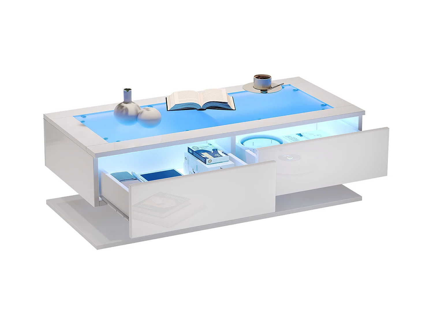 Table basse haute brillance 100x50x35 cm - 2 tiroirs - Avec éclairage LED - Plateau en verre - Panneaux de particules - Blanc