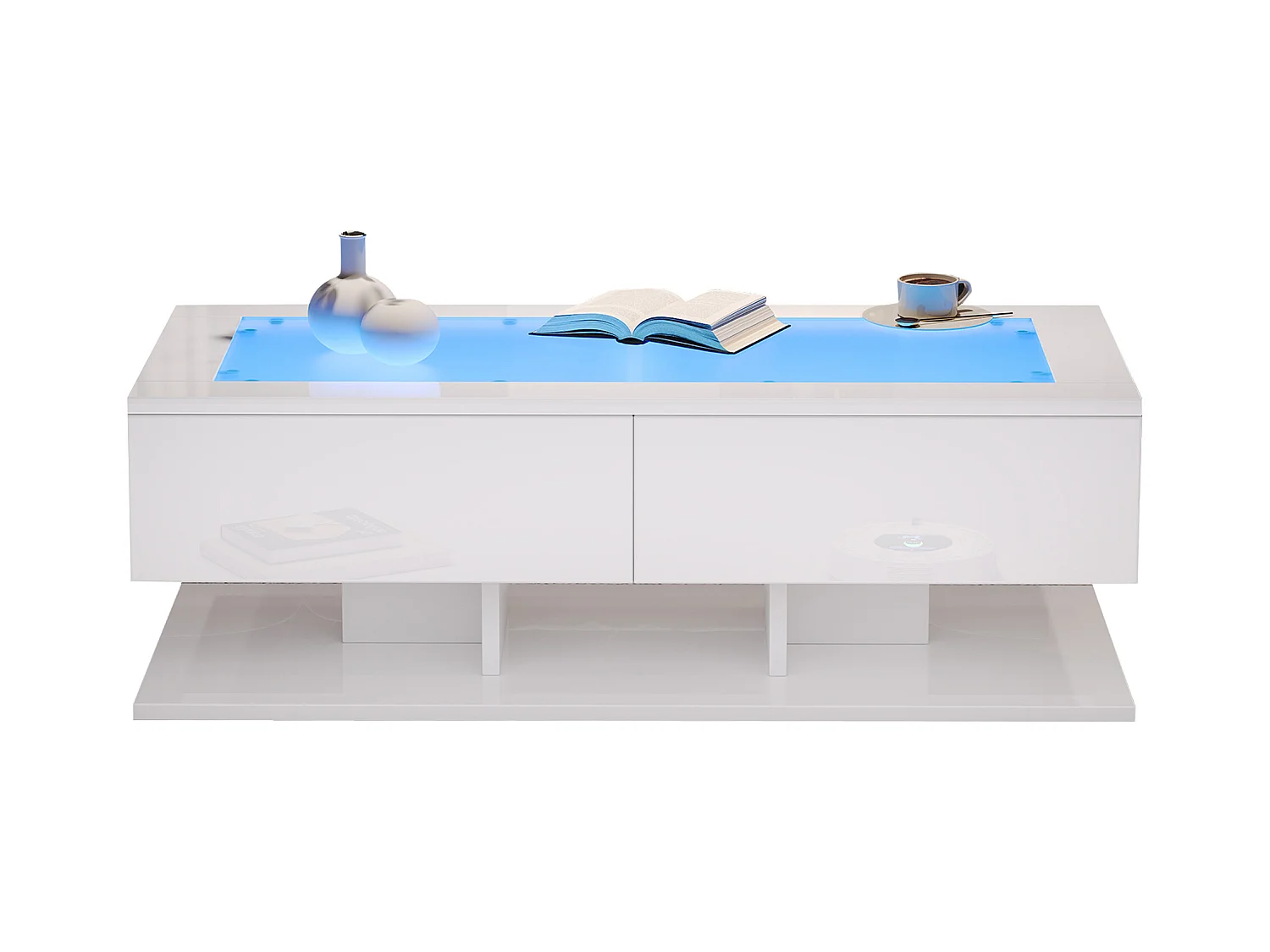 Table basse haute brillance 100x50x35 cm - 2 tiroirs - Avec éclairage LED - Plateau en verre - Panneaux de particules - Blanc