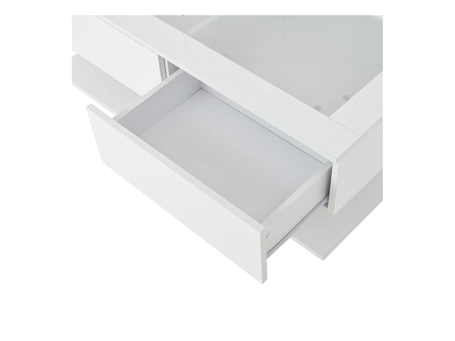 Table basse haute brillance 100x50x35 cm - 2 tiroirs - Avec éclairage LED - Plateau en verre - Panneaux de particules - Blanc