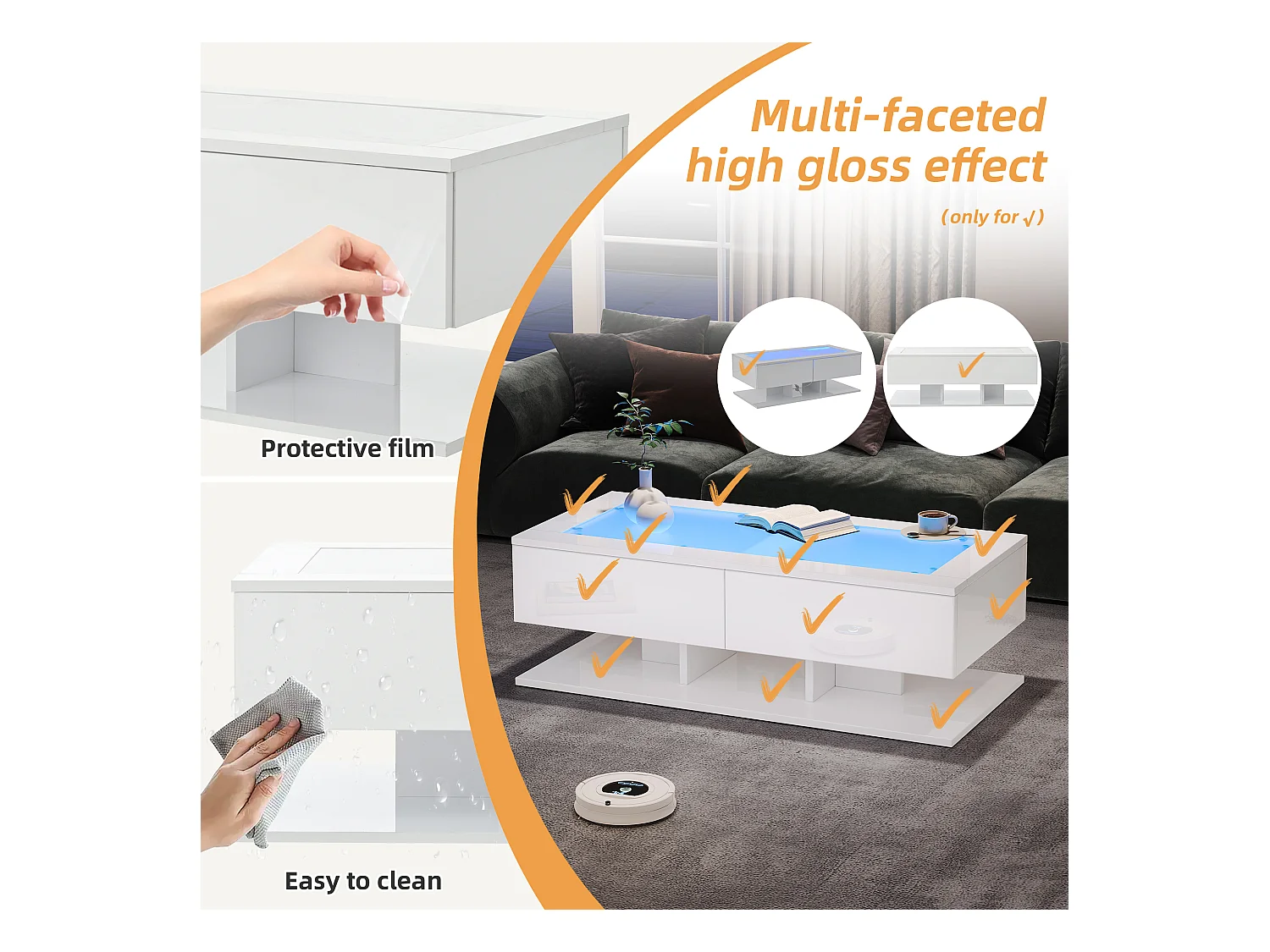 Table basse haute brillance 100x50x35 cm - 2 tiroirs - Avec éclairage LED - Plateau en verre - Panneaux de particules - Blanc