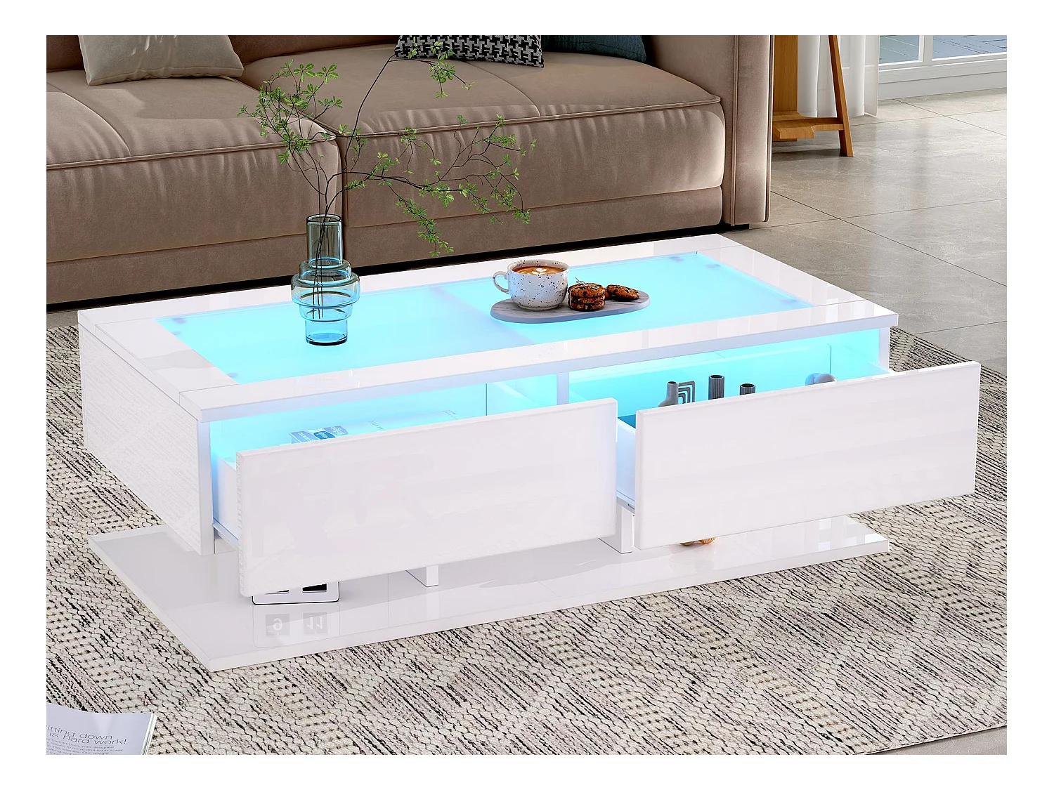 Table basse haute brillance 100x50x35 cm - 2 tiroirs - Avec éclairage LED - Plateau en verre - Panneaux de particules - Blanc