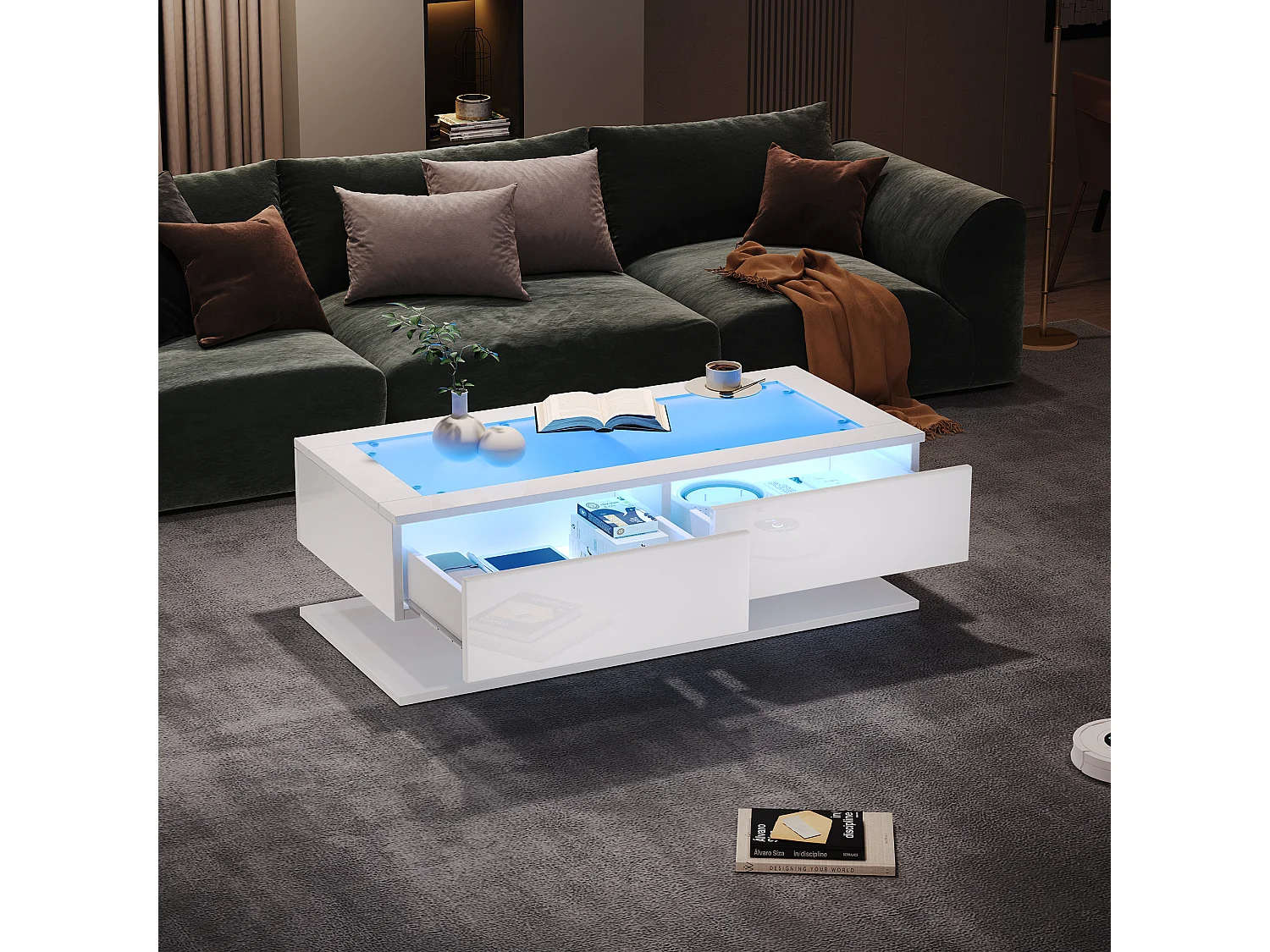 Hochglanz-Couchtisch 100×50×35 cm - 2 Schubladen - mit LED-Beleuchtung - Glasplatte - Spanplatte - weiß