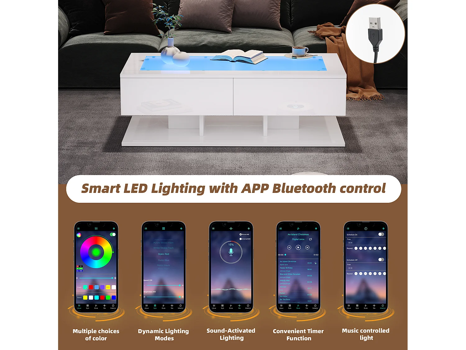 Hochglanz-Couchtisch 100×50×35 cm - 2 Schubladen - mit LED-Beleuchtung - Glasplatte - Spanplatte - weiß