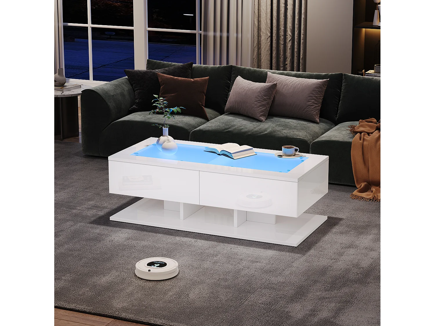 Hochglanz-Couchtisch 100×50×35 cm - 2 Schubladen - mit LED-Beleuchtung - Glasplatte - Spanplatte - weiß