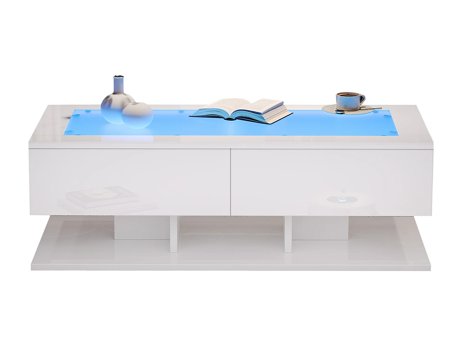 Hochglanz-Couchtisch 100×50×35 cm - 2 Schubladen - mit LED-Beleuchtung - Glasplatte - Spanplatte - weiß