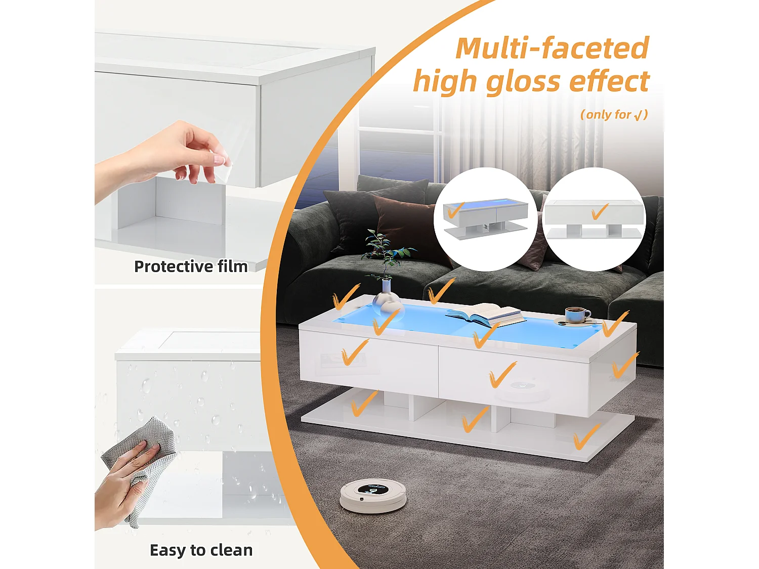 Hochglanz-Couchtisch 100×50×35 cm - 2 Schubladen - mit LED-Beleuchtung - Glasplatte - Spanplatte - weiß