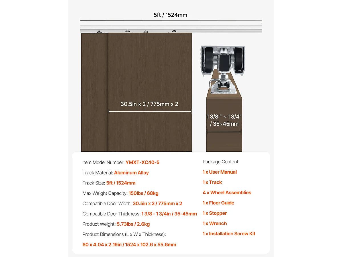 Kit de Quincaillerie pour Porte de Dérivation SucceBuy de 152.4cm pour Système à 2 Portes