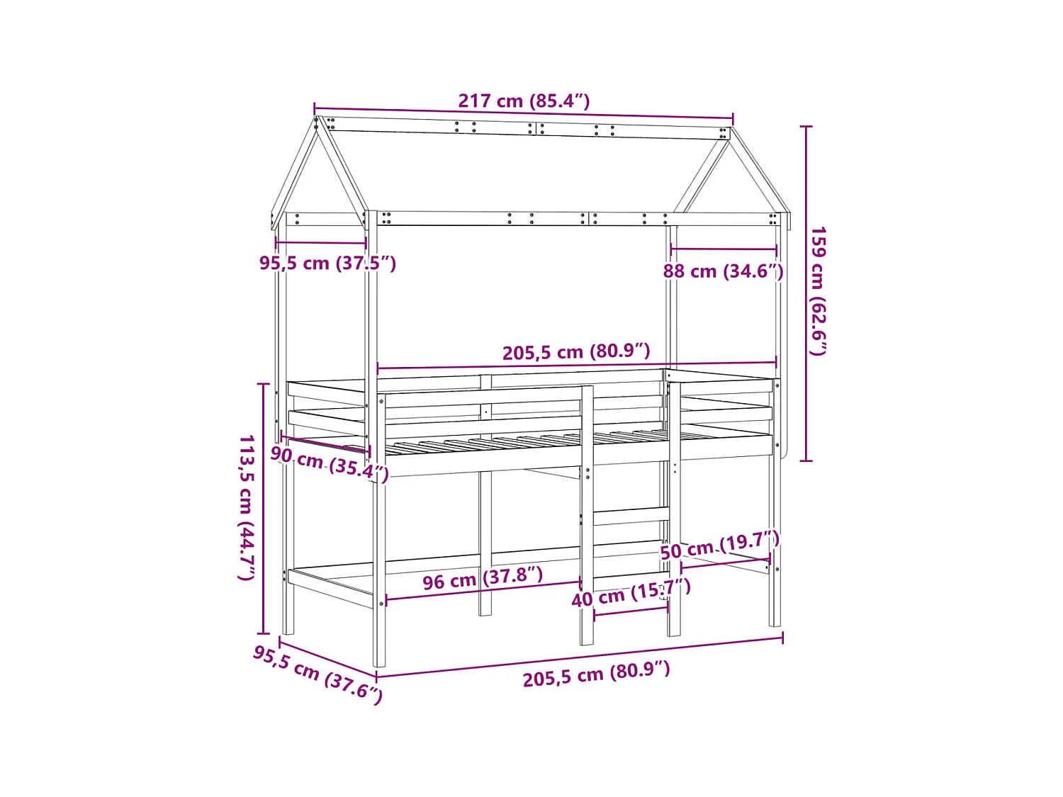 Lit superposé avec échelle et toit sans matelas 90x200 cm