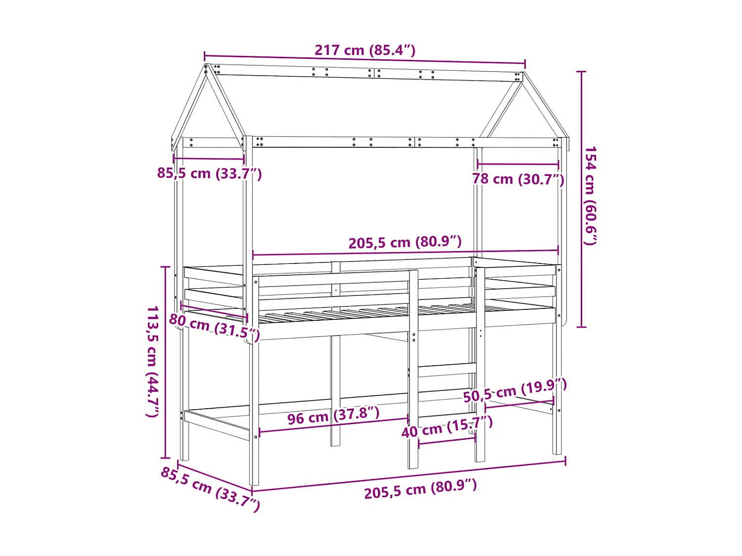Cama alta c/ escada e telhado 80x200 cm pinho maciço