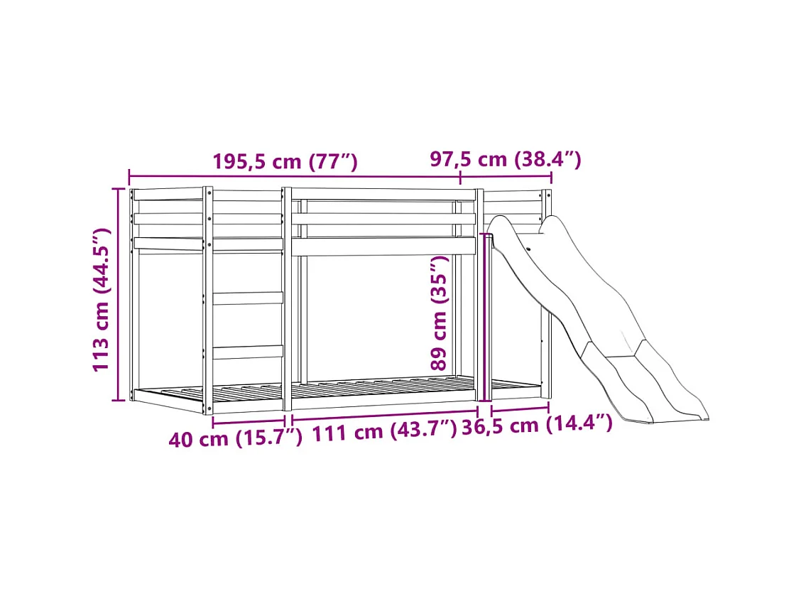 Lit superposé sans matelas avec toboggan blanc noir 90x190 cm