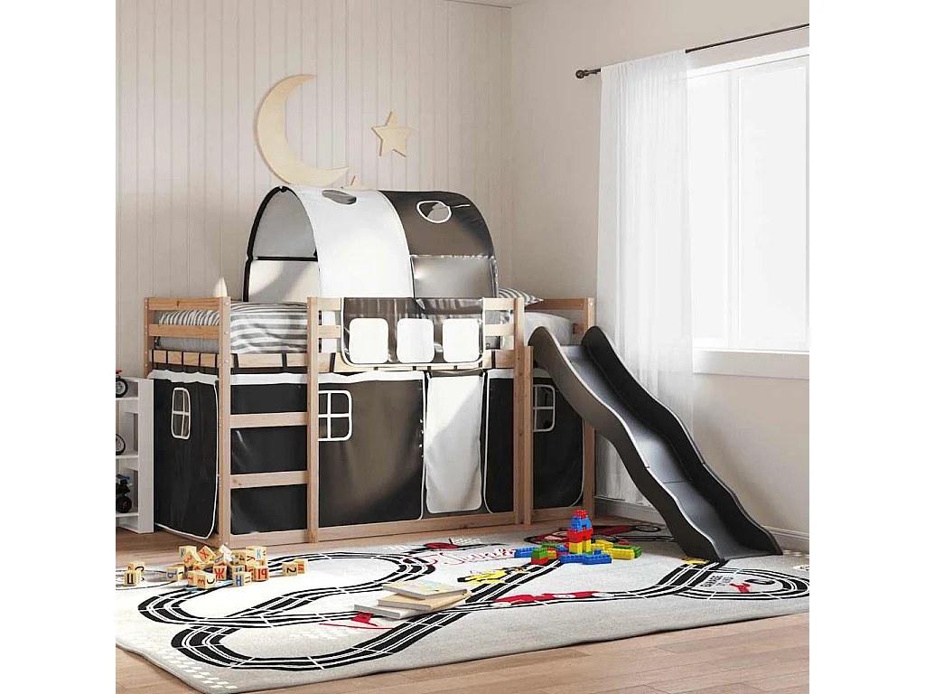 Lit superposé sans matelas avec toboggan blanc noir 90x190 cm
