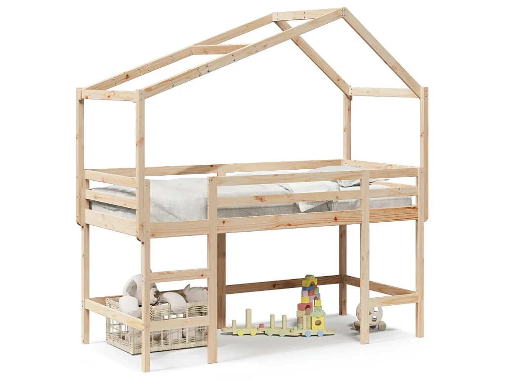 Halfhoogslaper met ladder en bedhuis grenenhout 90x190 cm