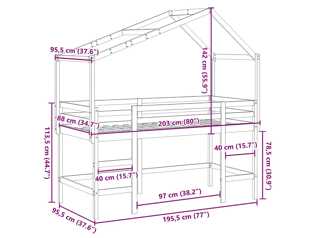 Halfhoogslaper met ladder en bedhuis grenenhout 90x190 cm