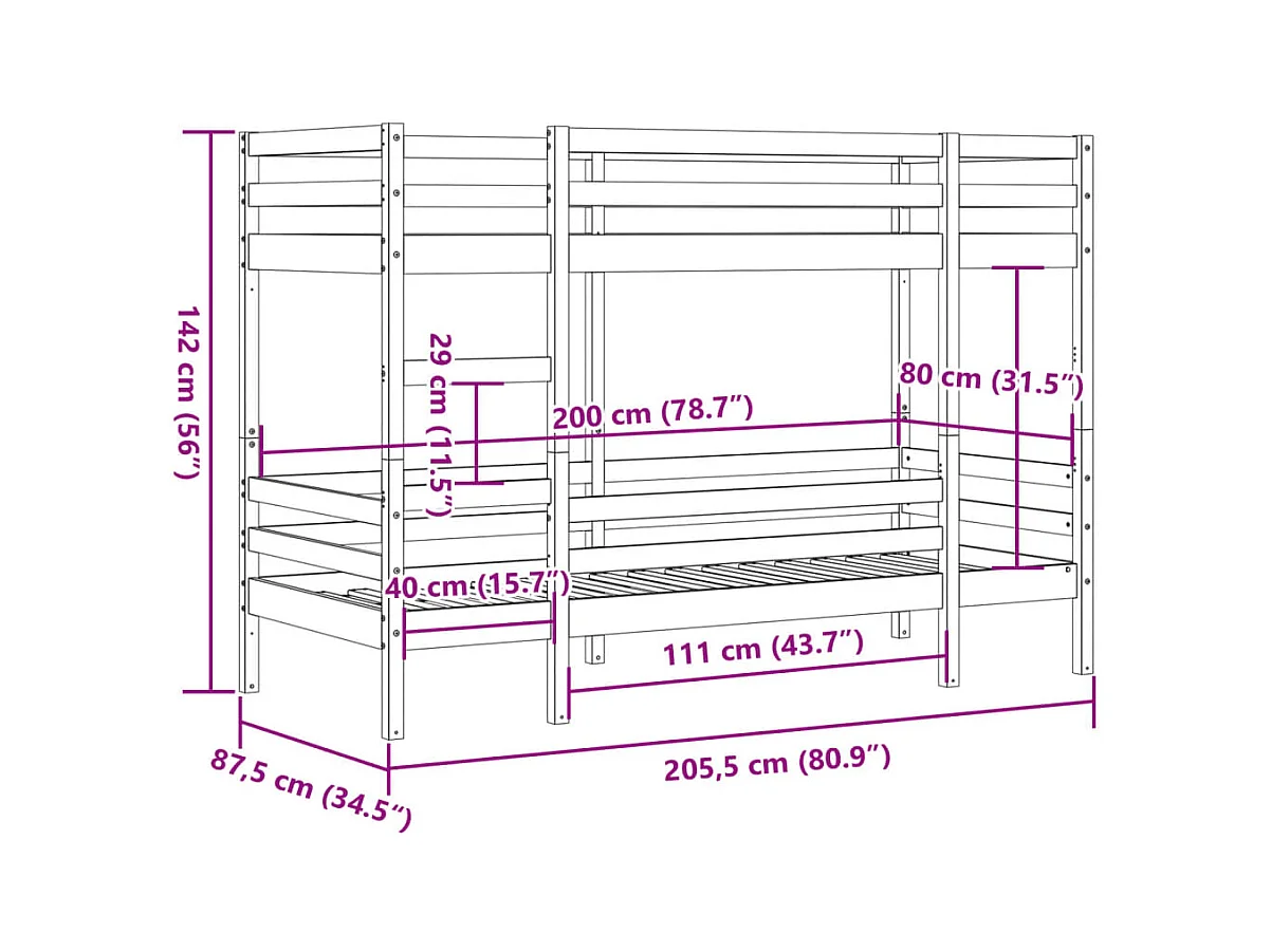 Lit superposé sans matelas blanc 80x200 cm bois de pin massif