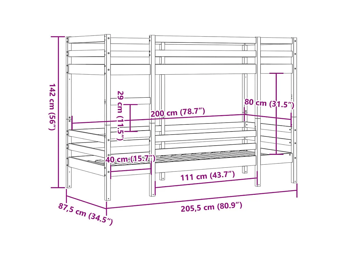 Lit superposé sans matelas blanc 80x200 cm bois de pin massif