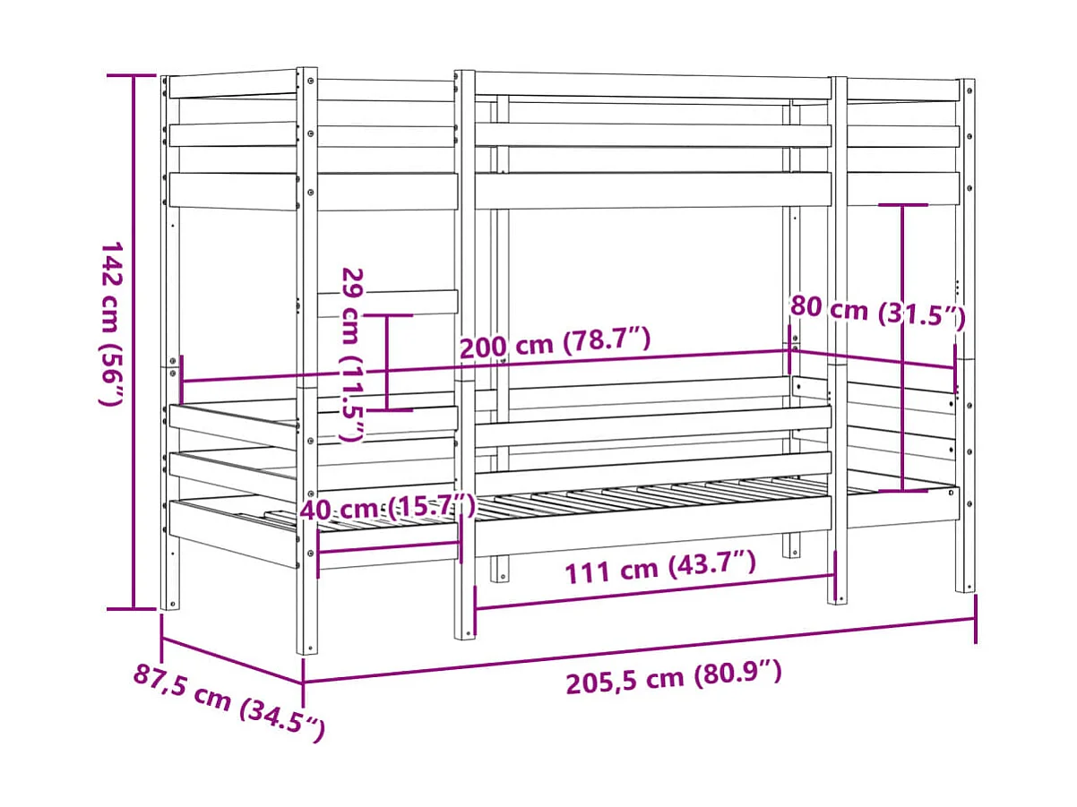 Lit superposé sans matelas blanc 80x200 cm bois de pin massif