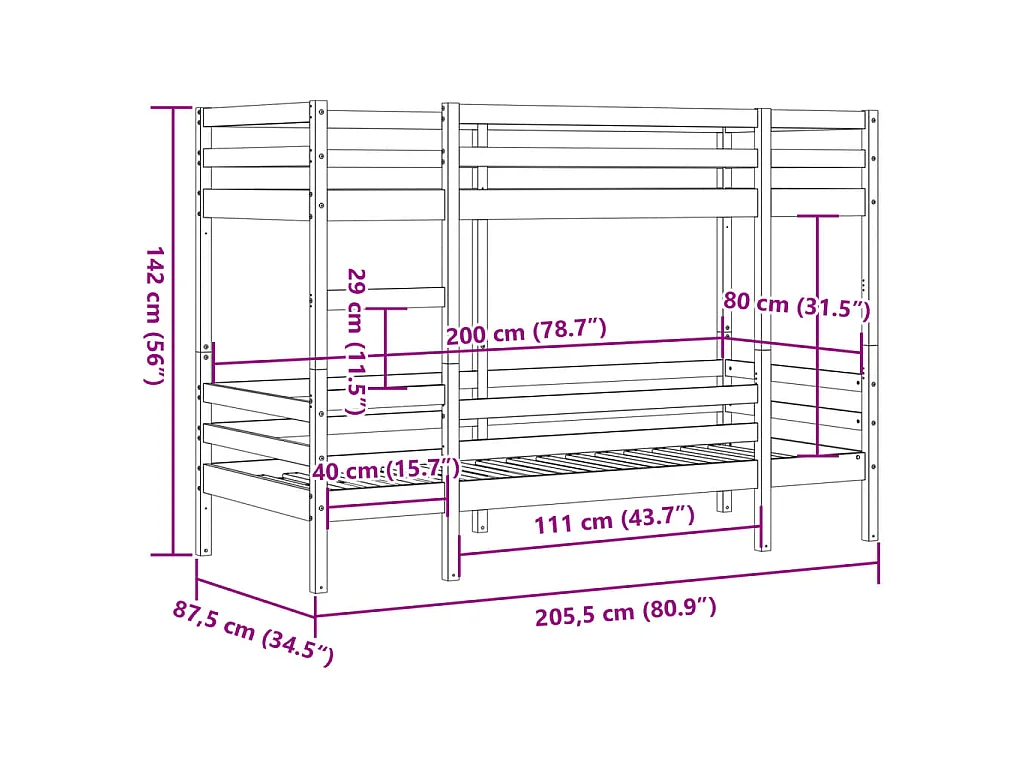 Lit superposé sans matelas blanc 80x200 cm bois de pin massif
