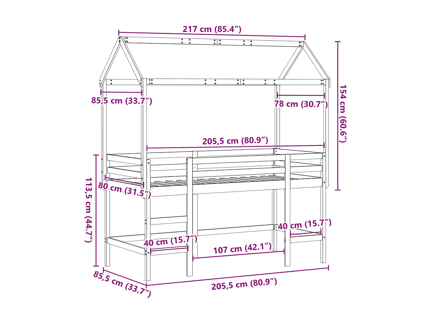 Halfhoogslaper met ladder en bedhuis grenenhout 80x200 cm