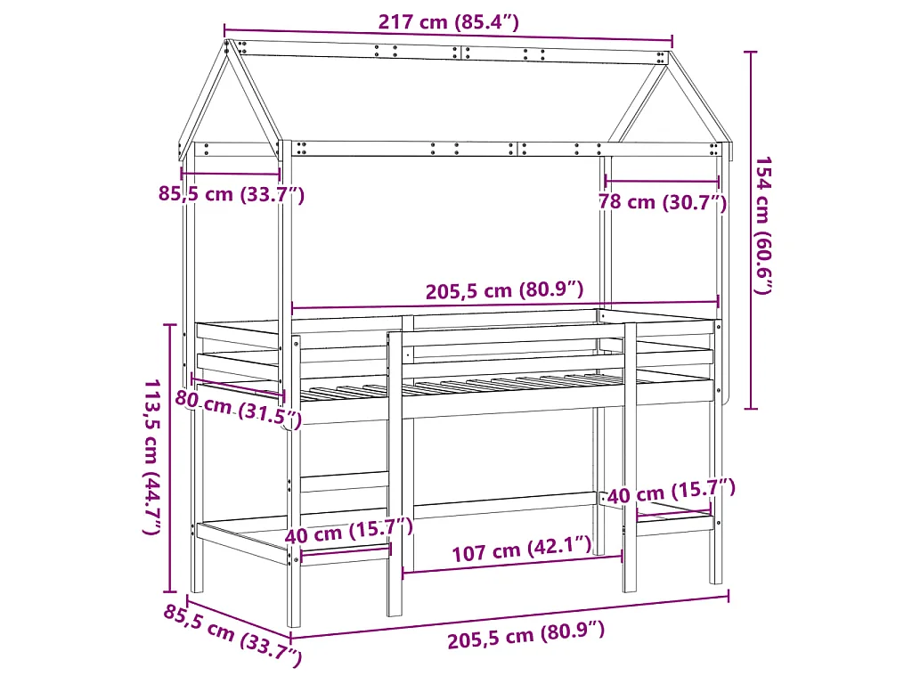 Lit superposé avec échelle et toit sans matelas 80x200 cm
