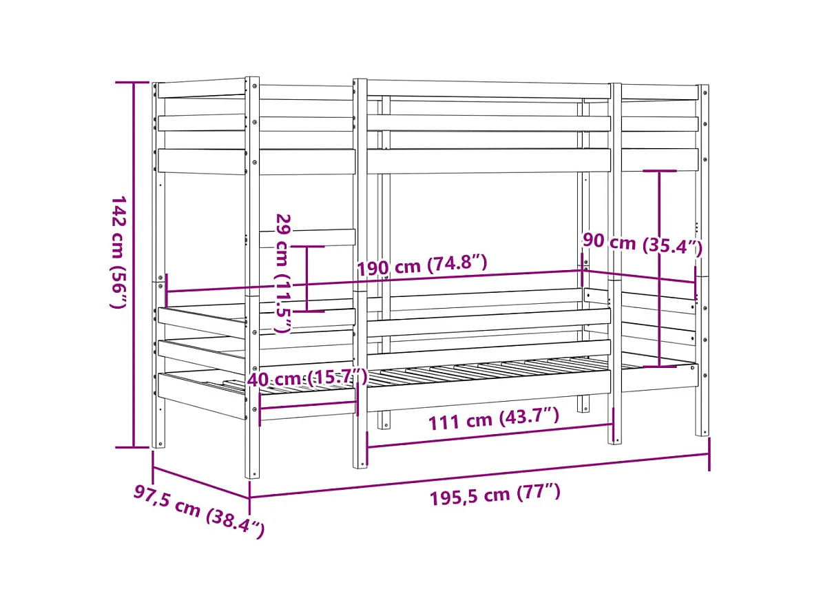 Lit superposé sans matelas 90x190 cm bois de pin massif