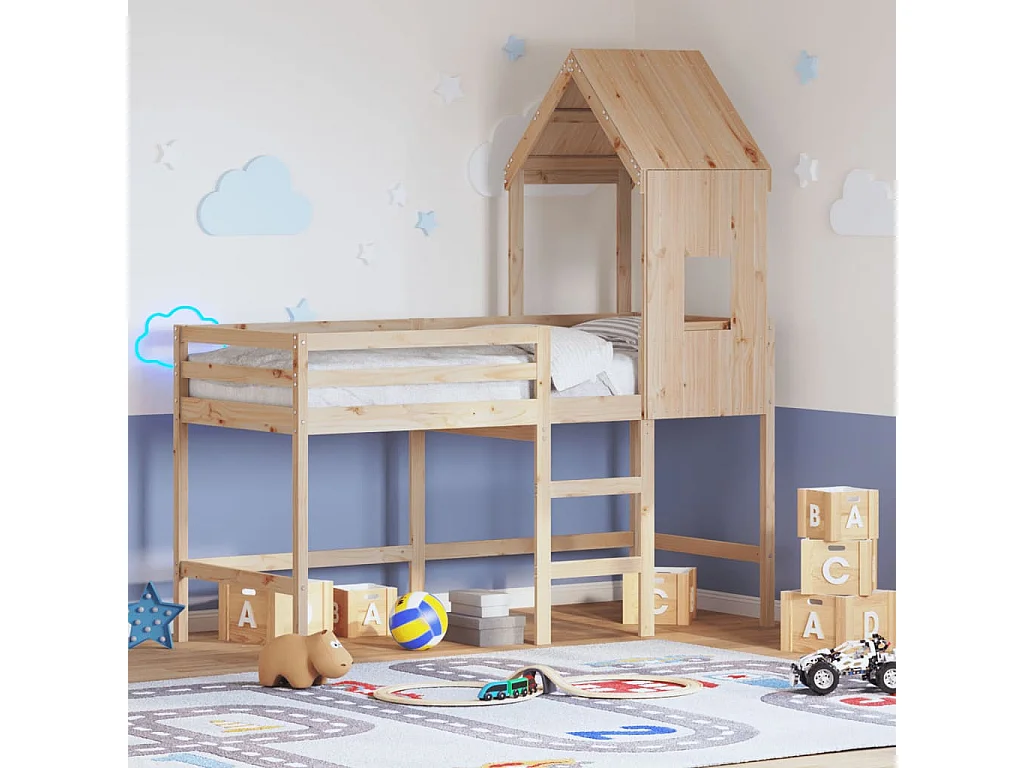 Cama alta c/ escada e telhado 80x200 cm pinho maciço