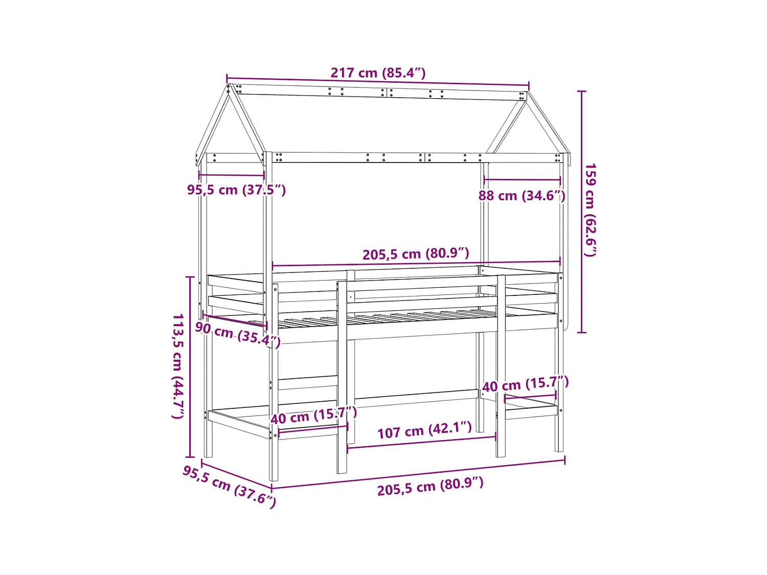 Lit superposé avec échelle et toit sans matelas 90x200 cm