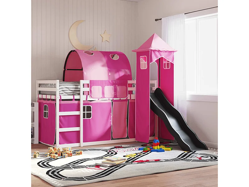 Stapelbed met glijbaan en gordijnen roze 90x190 cm