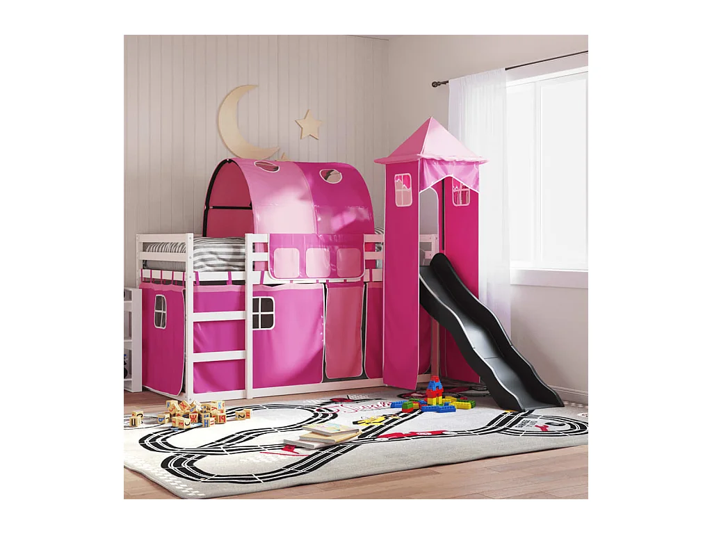 Lit superposé sans matelas avec toboggan et rideaux 90x190 cm