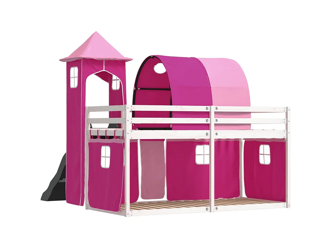 Lit superposé sans matelas avec toboggan et rideaux 90x190 cm