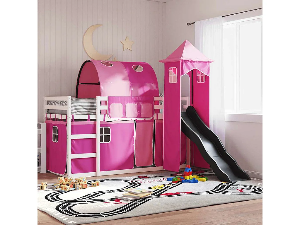Etagenbett mit Rutsche und Gardinen Rosa 90x190 cm