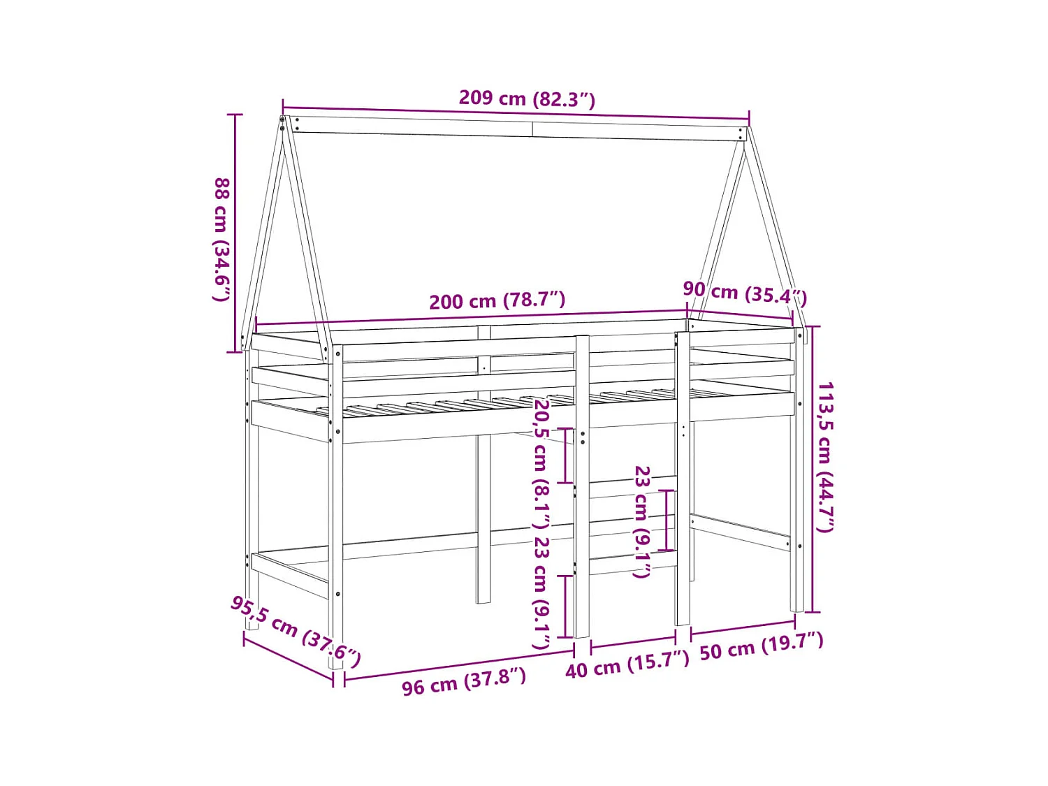 Lit superposé avec échelle et toit sans matelas 90x200 cm
