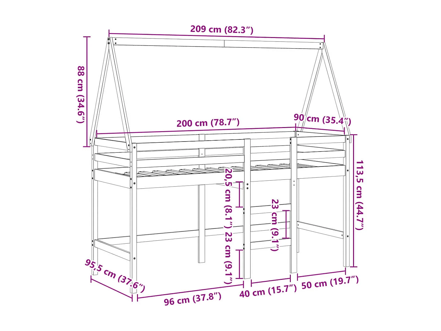 Hochbett mit Leiter und Dach 90x200 cm Massivholz Kiefer