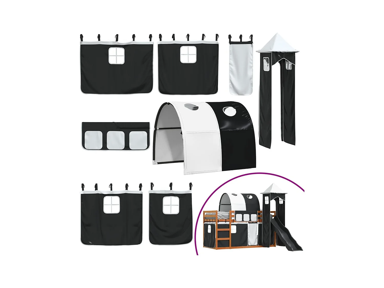 Lit superposé sans matelas avec toboggan blanc noir 90x200 cm