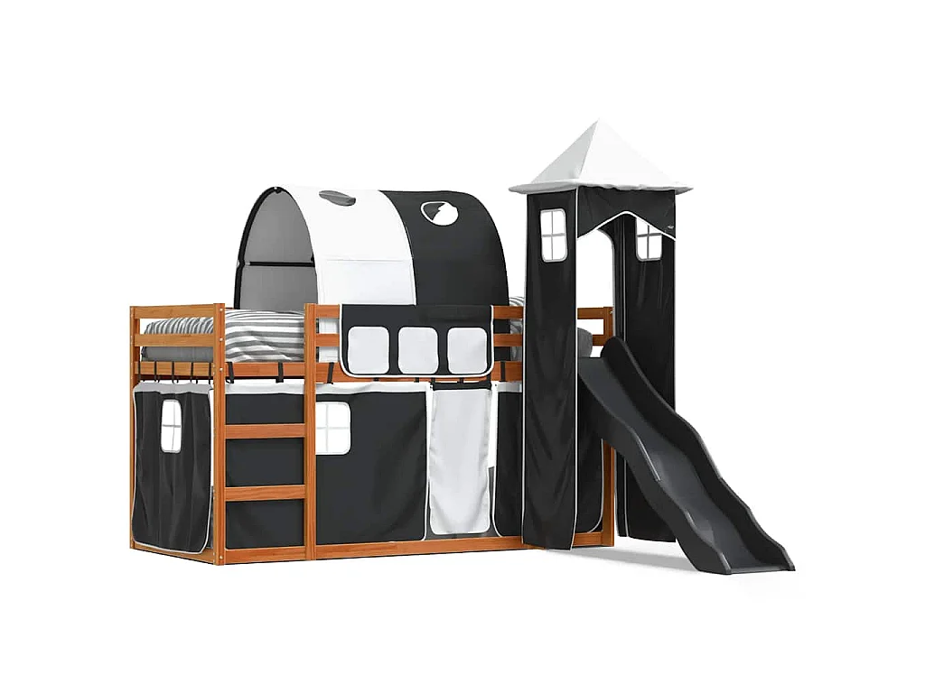 Letto a Castello con Scivolo e Tende Bianco e Nero 90x200 cm