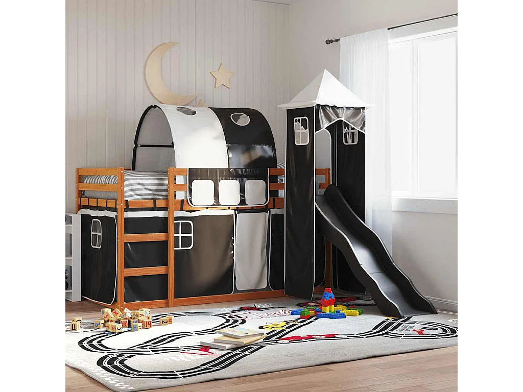 Letto a Castello con Scivolo e Tende Bianco e Nero 90x200 cm