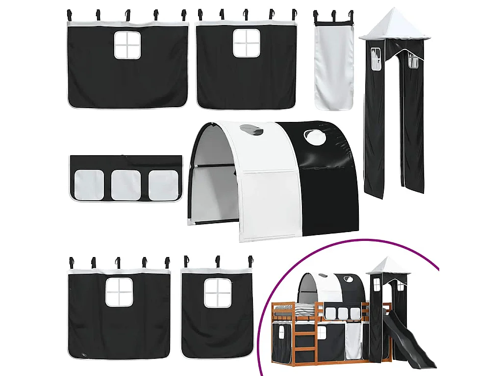 Letto a Castello con Scivolo e Tende Bianco e Nero 90x200 cm