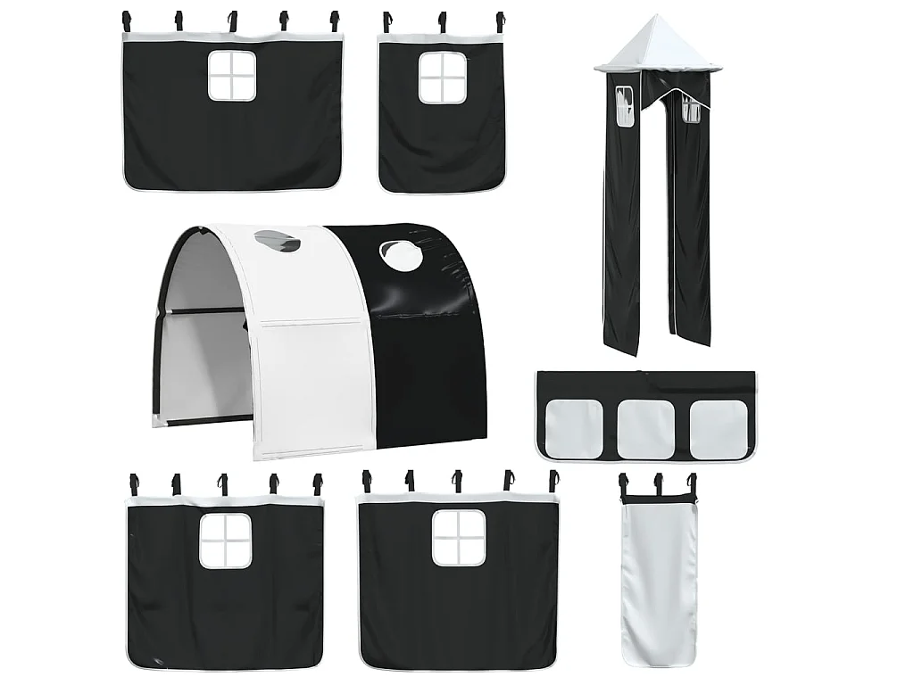 Letto a Castello con Scivolo e Tende Bianco e Nero 90x200 cm