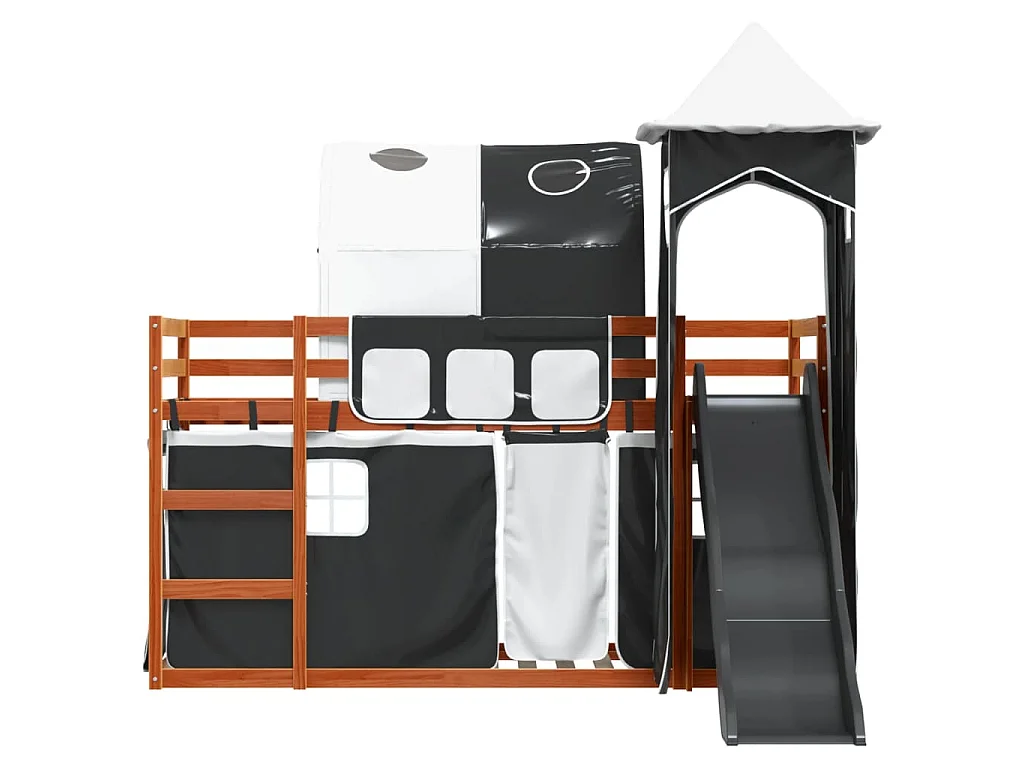 Letto a Castello con Scivolo e Tende Bianco e Nero 90x200 cm