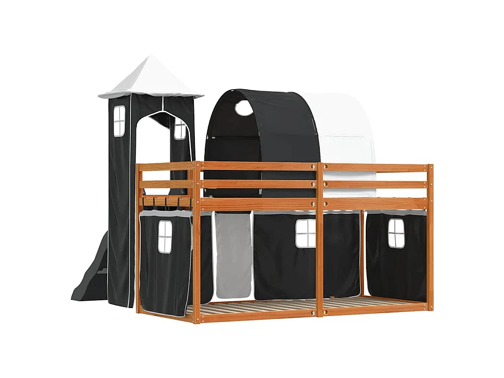 Letto a Castello con Scivolo e Tende Bianco e Nero 90x200 cm